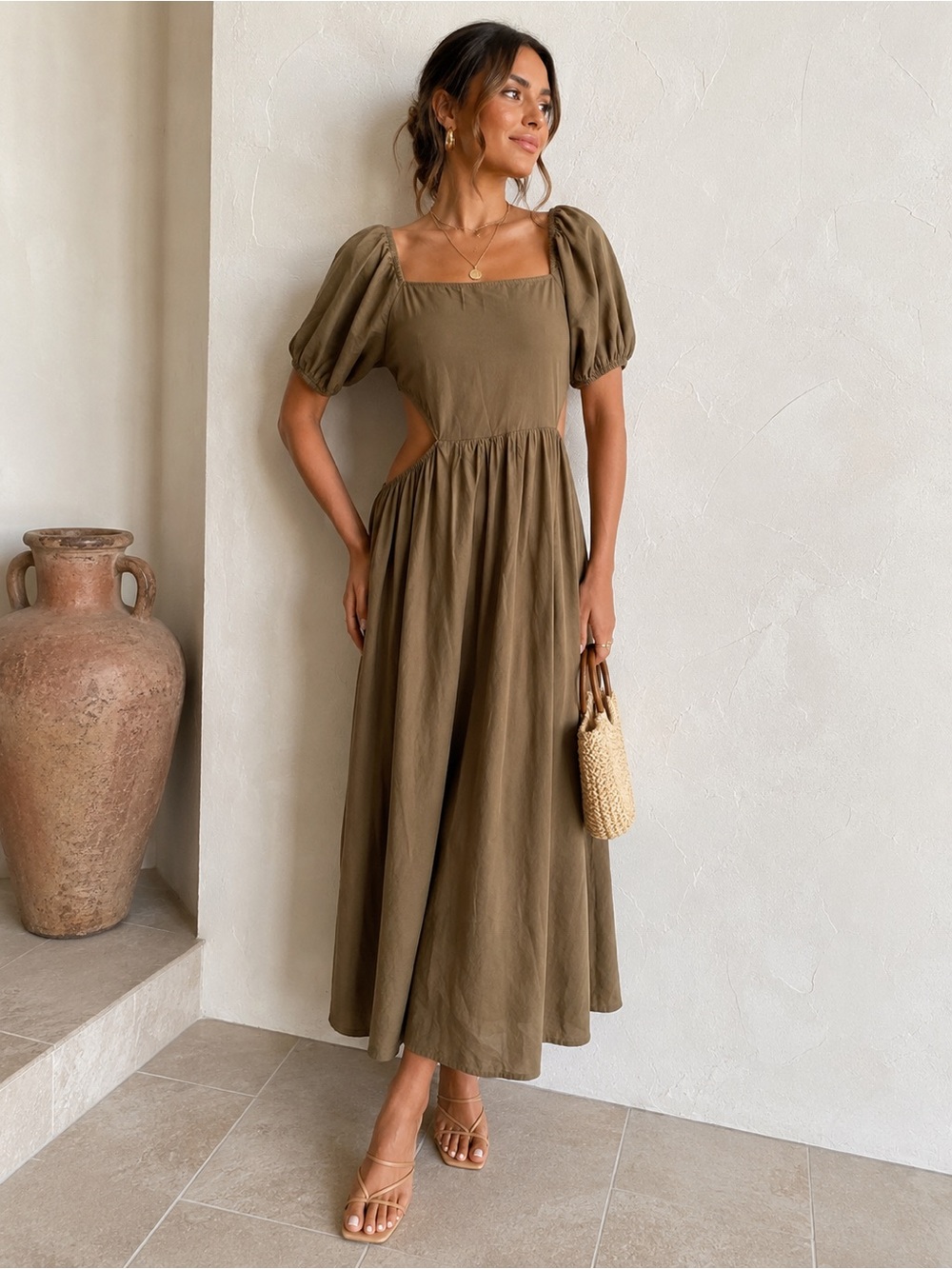 BTFBM Olive Puff-Sleeve Cutout Maxi Dress Size S